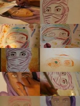 Gesichter mit Aquarell und Pastellkreiden